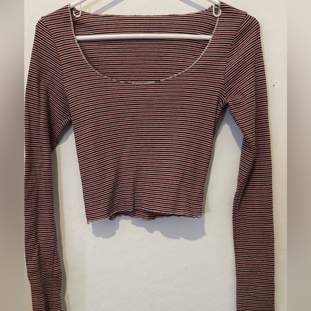 Long sleeve top 
Square neck 
Red white and black stripes